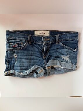 Hollister Shorts 3" Inseam Size 1 Distressed Blue Denim VTG Y2K Grunge Festival